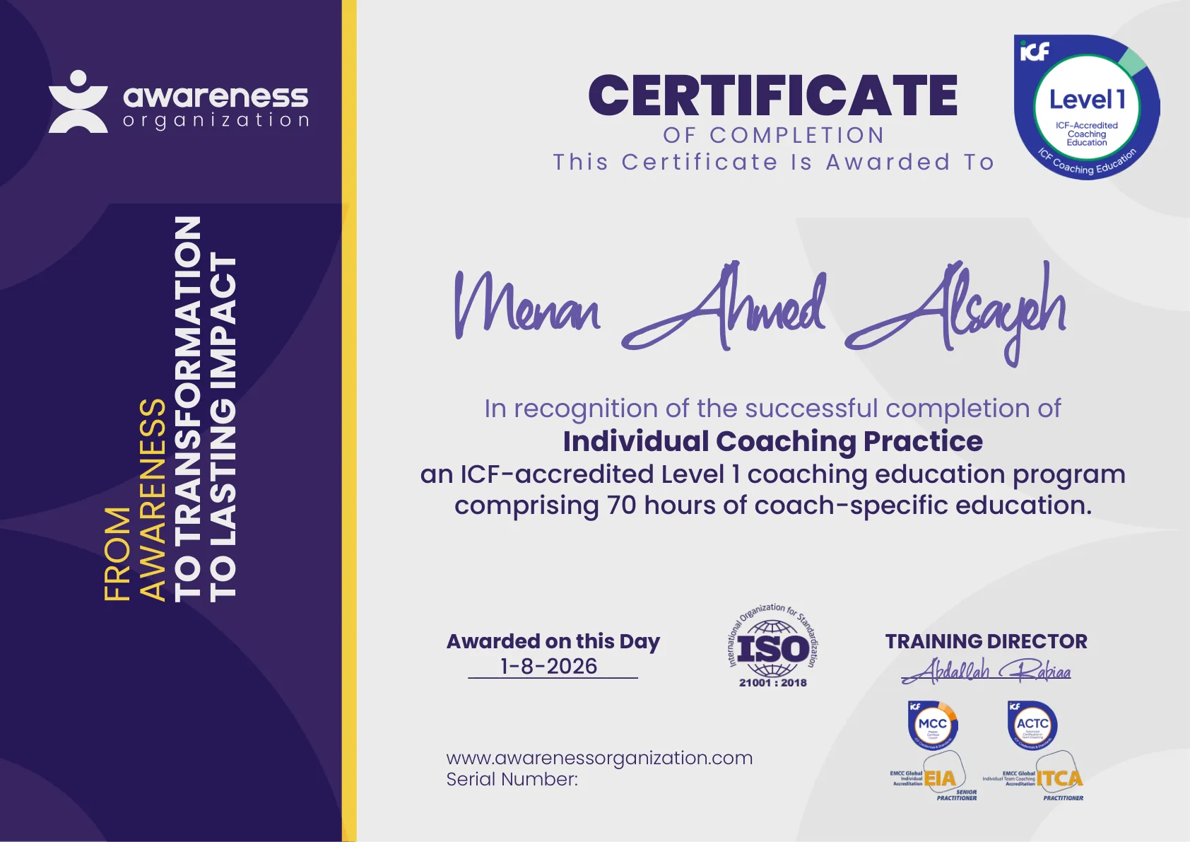 ICF-Accredited coaching education certificate of completion